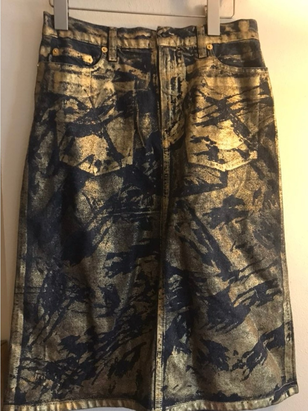 Moschino Metallic Gold & Blue knee length Denim Skirt Size 8 Great Condition